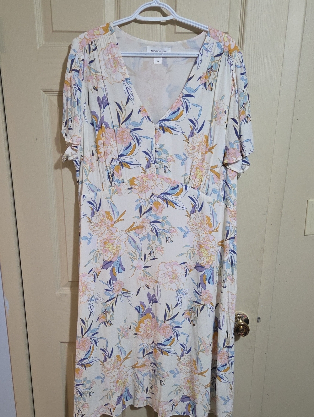 Addition Elle Cream Floral Midi Dress with Pink, Blue & Gold Accents